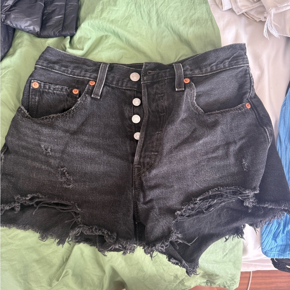Levi's Black Jean Shorts with Distressed Frayed Hem